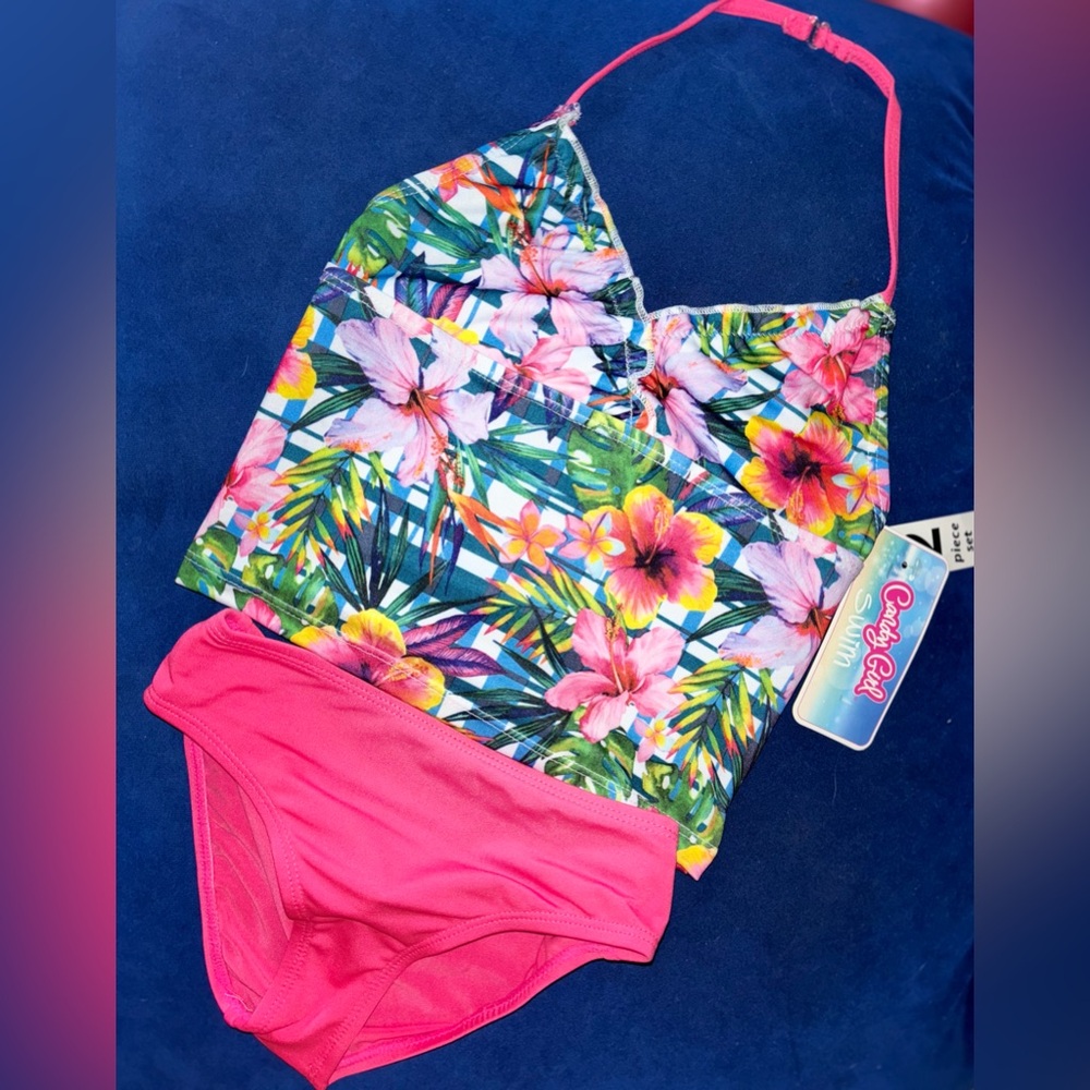 Candy Girl Swim Wear Hibiscus Print 2 pc bathing suit Tankini Girls Size S 6/6X